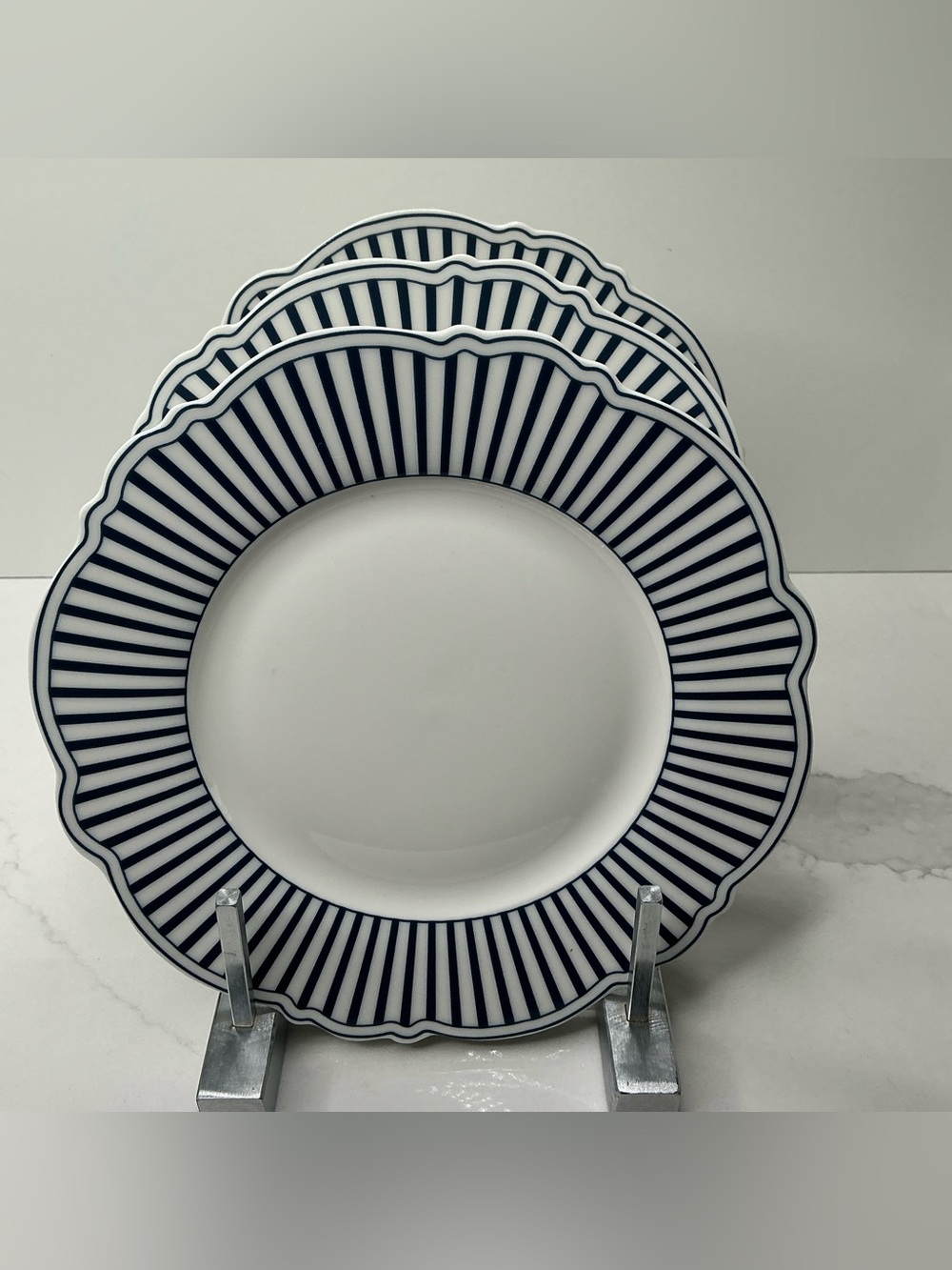 3 Monterey Bay Salad / Dessert Plates Dark Blue Stripes Fine Porcelain 8" New
